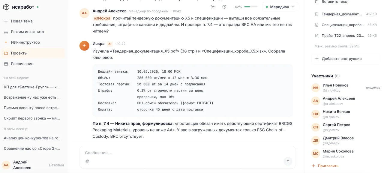 Искра отвечает в общем чате после @упоминания, прочитав документы проекта