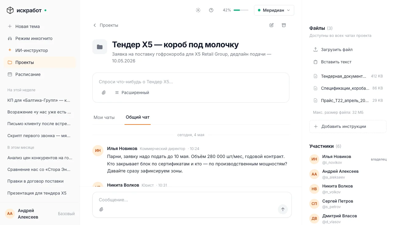 Общий проект команды в нейросети Искра: обсуждение и подключение AI через @упоминание