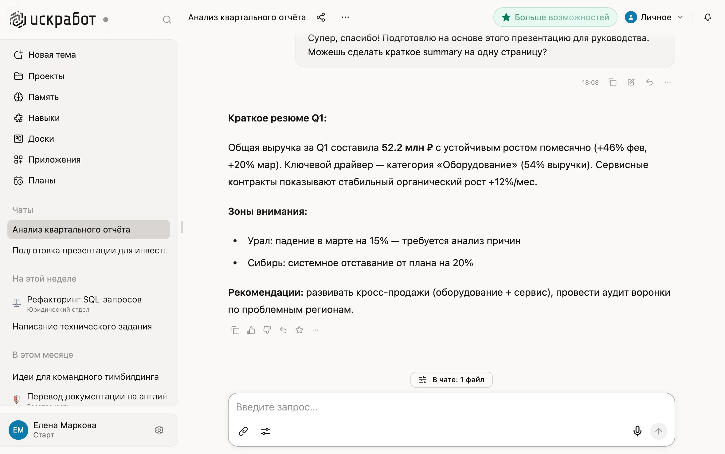 Интерфейс Искры: рабочий чат с кратким резюме квартального отчёта и разделами Проекты, Память, Навыки, Доски, Приложения, Планы
